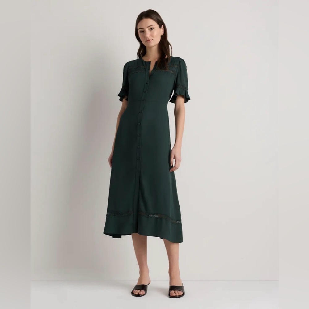 NWT Lightweight Crepe Lace Inset Midi Dress Forest Green size Medium